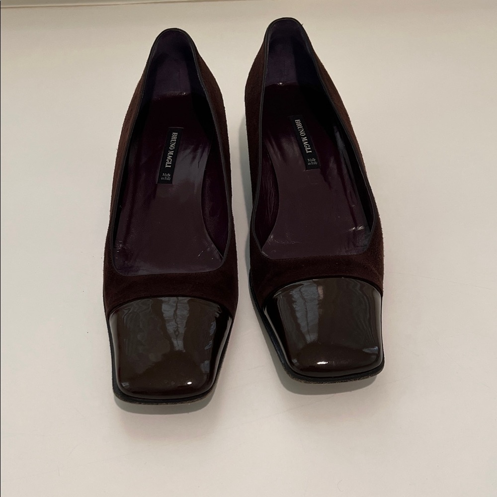 Bruno Magli Brown Suede and Patent Square-Toe Pumps